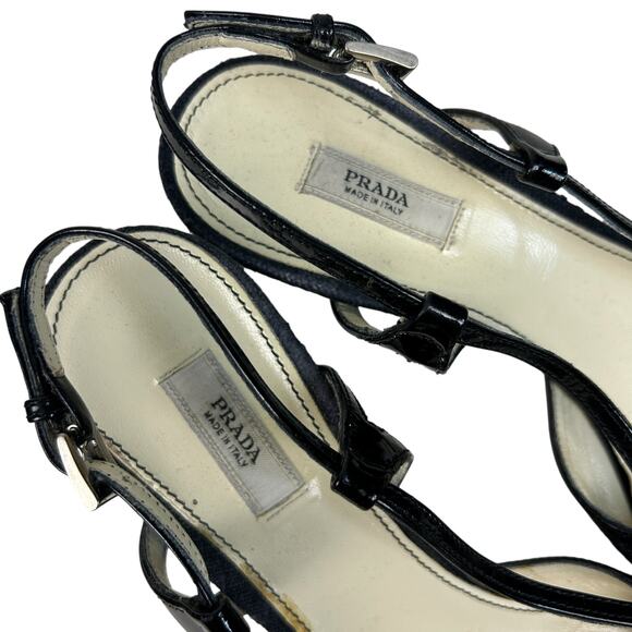 Prada Vintage Y2K Black Tweed Patent Leather Pointed Toe Slingback Kitten Heels - Picture 4 of 7